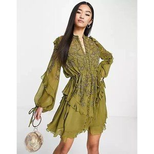 NWT ASOS DESIGN Embelllished Chiffon Boho Mini Dress Floral Beaded Green 12 NEW